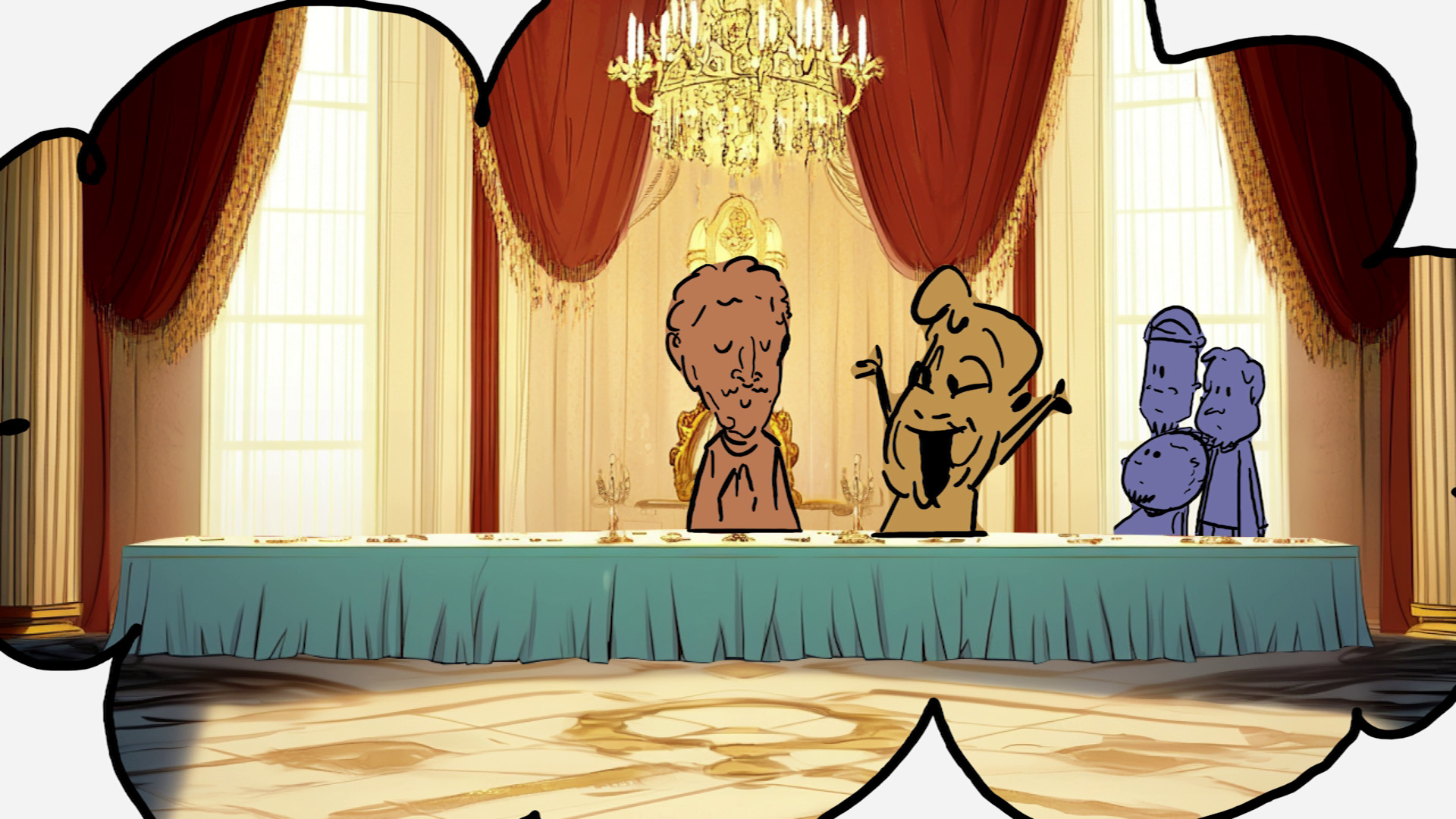 Animation: Peter and Jesus at the table. Haters are outside.