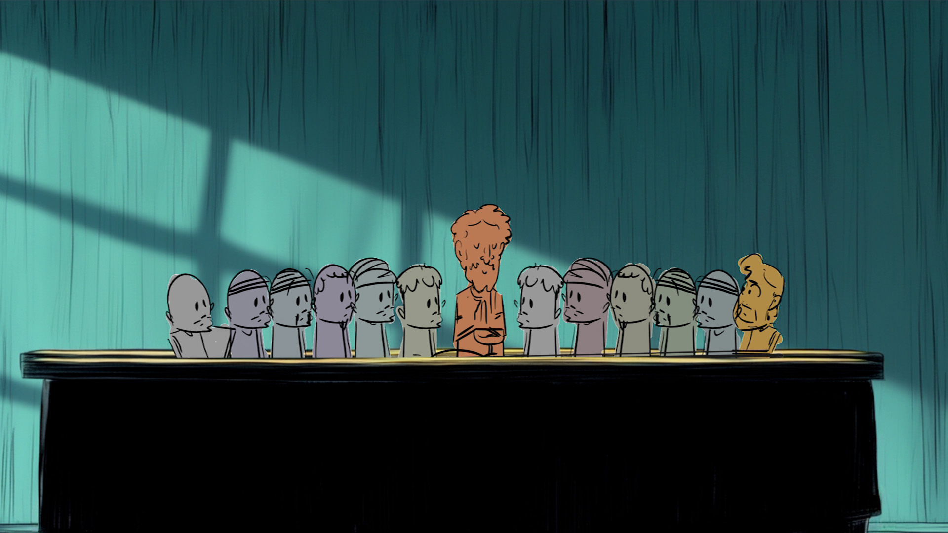 Animation: Jesus at the round table delivering important news to the disciplies.